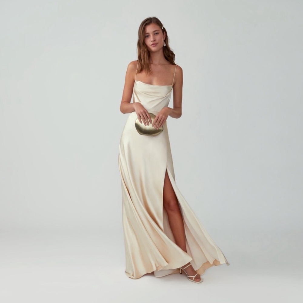 Fame and Partners Cream Satin Cowl Neck Dress